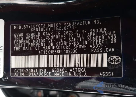 2015 Toyota Avalon Xle из США, поврежденный, VIN 4T1BK1EB6FU182030